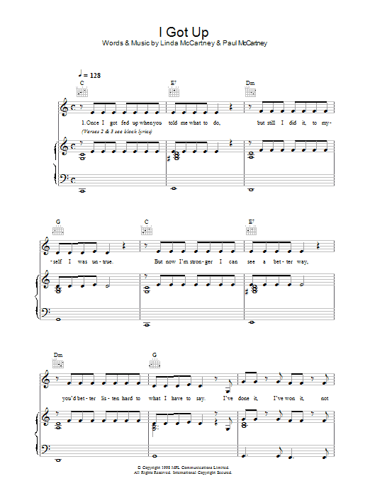 Learn to play Linda McCartney I Got Up sheet music for Piano, Vocal & Guitar Chords in minutes. Price: 7.8900$ Linda McCartney I Got Up sheet music notes and chords arranged for Piano, Vocal & Guitar Chords