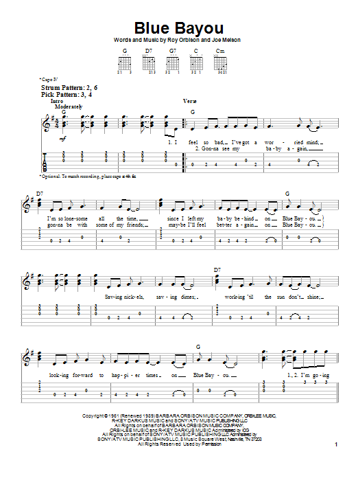 Linda Ronstadt Blue Bayou sheet music notes and chords. Download Printable PDF.