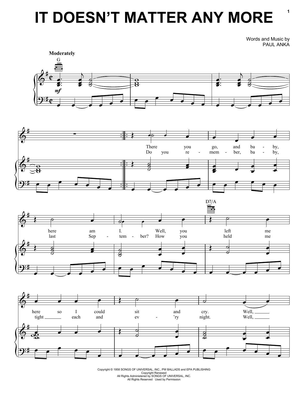 Linda Ronstadt It Doesn't Matter Anymore sheet music notes and chords. Download Printable PDF.