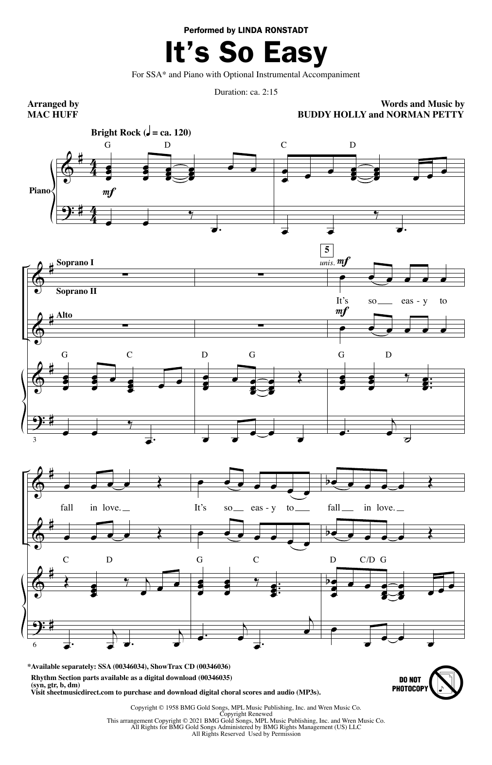 Learn to play Linda Ronstadt It's So Easy (arr. Mac Huff) sheet music for SSA Choir in minutes. Price: 3.9900$ Linda Ronstadt It's So Easy (arr. Mac Huff) sheet music notes and chords arranged for SSA Choir