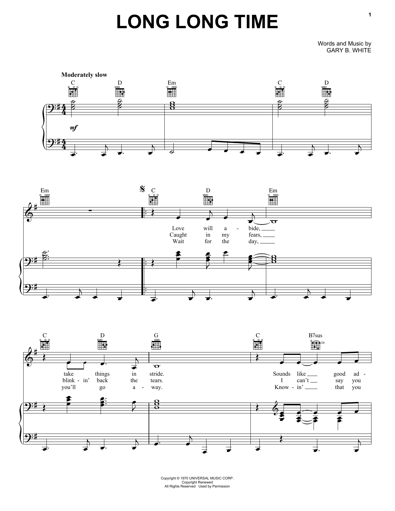 Linda Ronstadt Long Long Time sheet music notes and chords. Download Printable PDF.