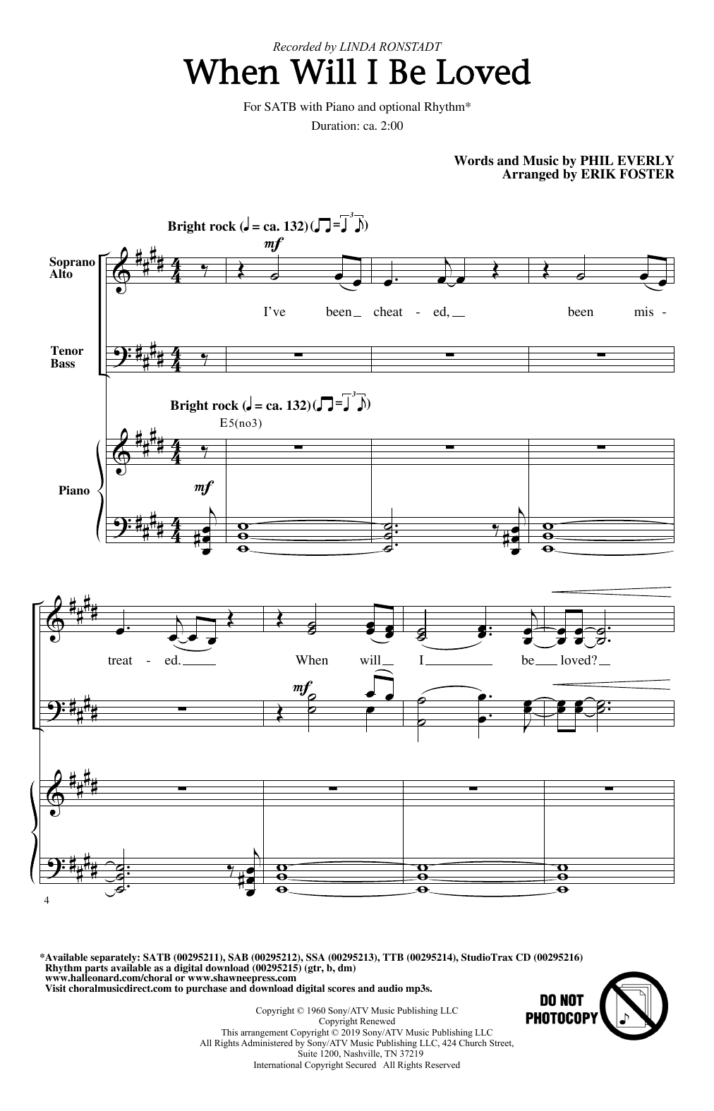 Learn to play Linda Ronstadt When Will I Be Loved (arr. Erik Foster) sheet music for SATB Choir in minutes. Price: 3.9900$ Linda Ronstadt When Will I Be Loved (arr. Erik Foster) sheet music notes and chords arranged for SATB Choir