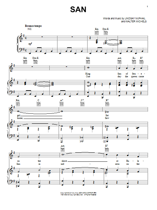 Learn to play Lindsay McPhail San sheet music for Piano, Vocal & Guitar Chords (Right-Hand Melody) in minutes. Price: 7.8900$ Lindsay McPhail San sheet music notes and chords arranged for Piano, Vocal & Guitar Chords (Right-Hand Melody)