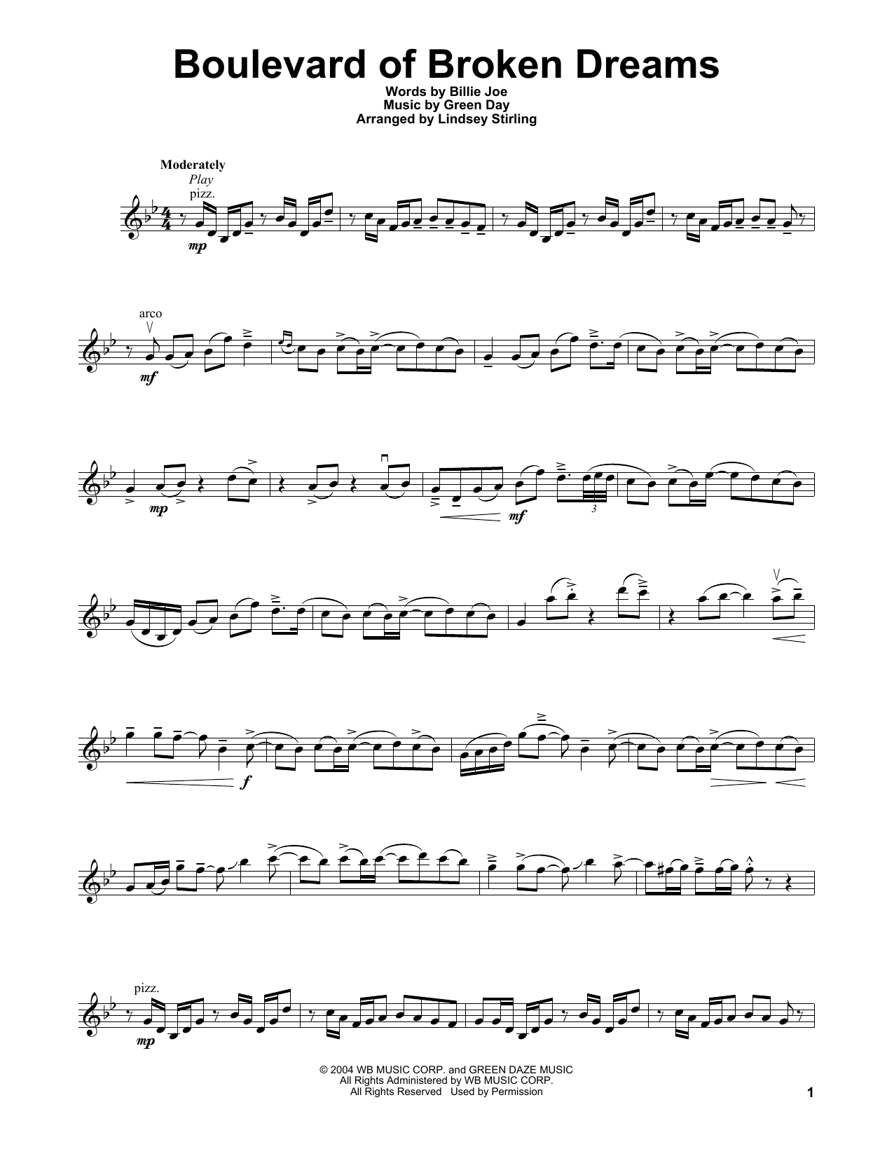 Lindsey Stirling Boulevard Of Broken Dreams sheet music notes and chords. Download Printable PDF.