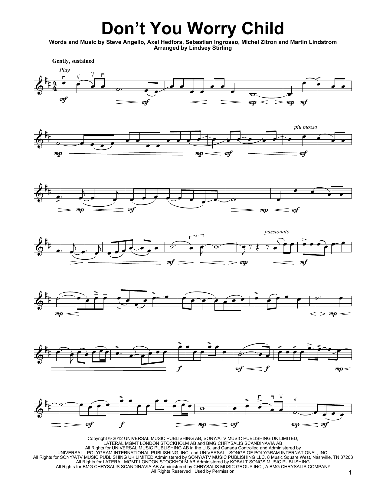 Lindsey Stirling Don't You Worry Child sheet music notes and chords. Download Printable PDF.