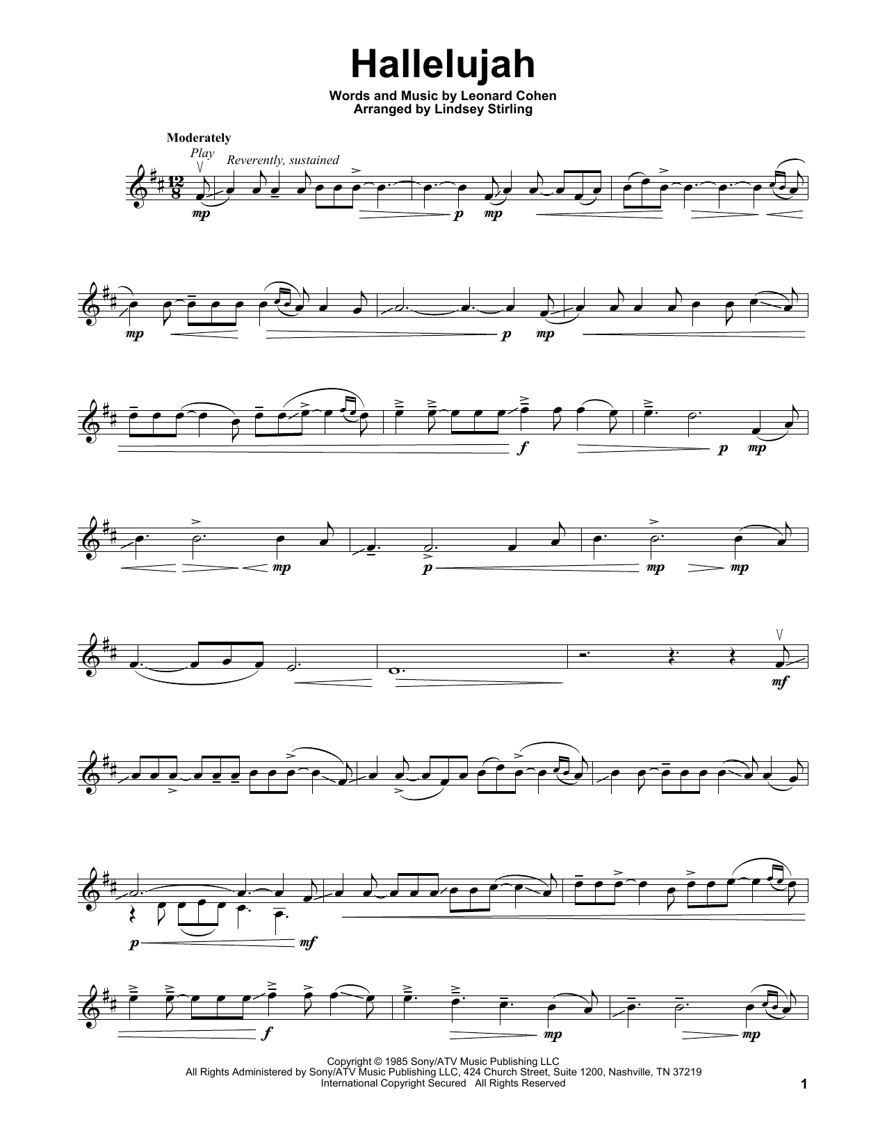 Lindsey Stirling Hallelujah sheet music notes and chords. Download Printable PDF.