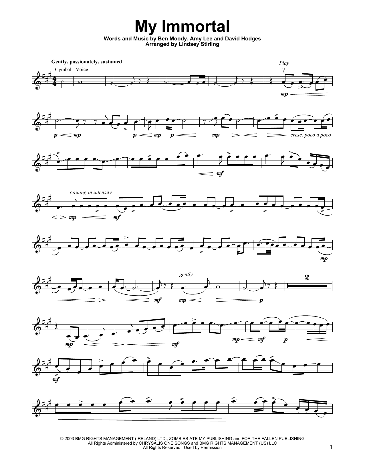 Lindsey Stirling My Immortal sheet music notes and chords. Download Printable PDF.