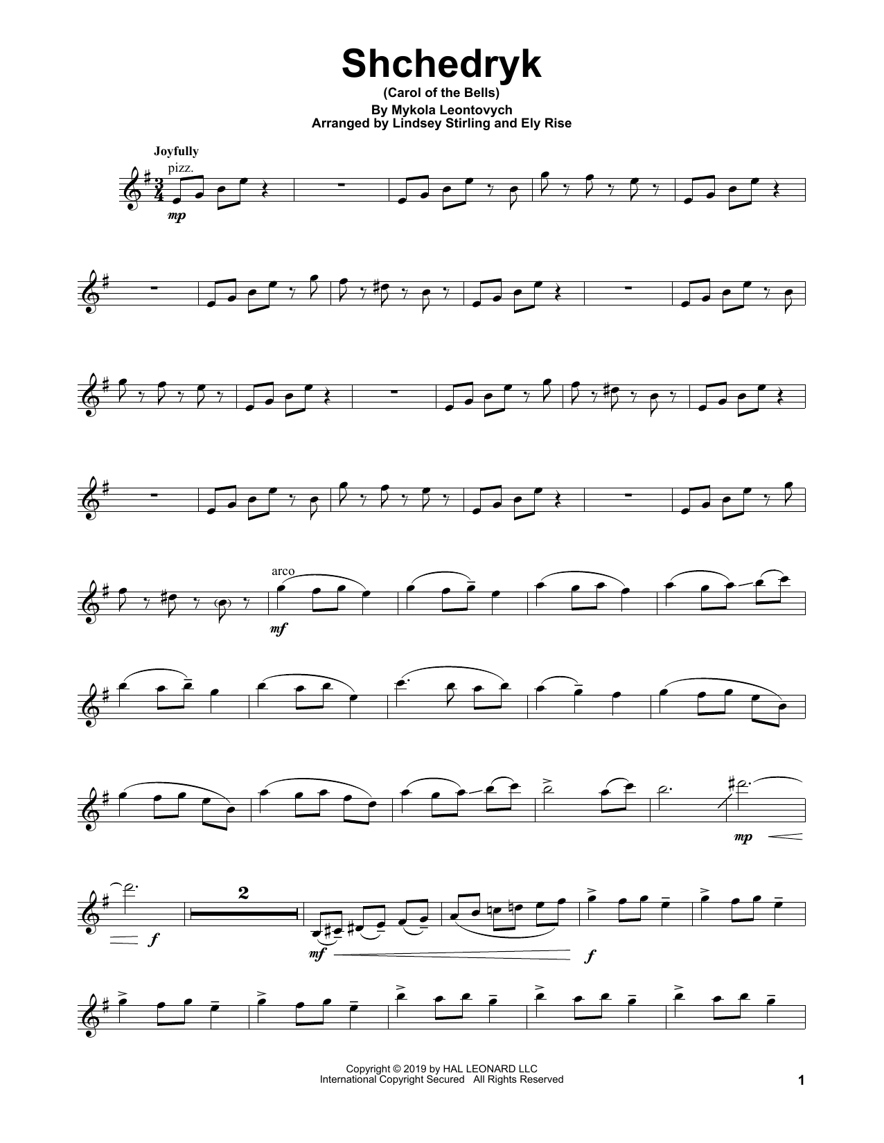 Lindsey Stirling Shchedryk (Carol Of The Bells) sheet music notes and chords. Download Printable PDF.