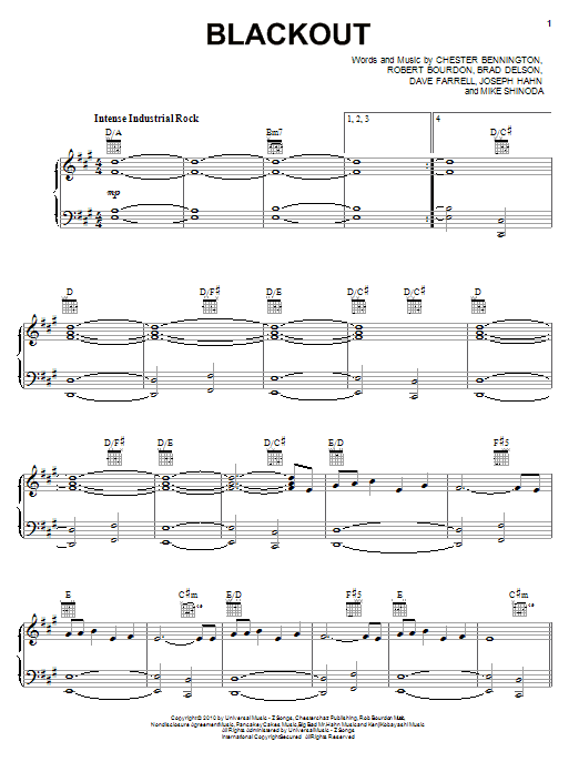 Learn to play Linkin Park Blackout sheet music for Piano, Vocal & Guitar Chords (Right-Hand Melody) in minutes. Price: 7.8900$ Linkin Park Blackout sheet music notes and chords arranged for Piano, Vocal & Guitar Chords (Right-Hand Melody)