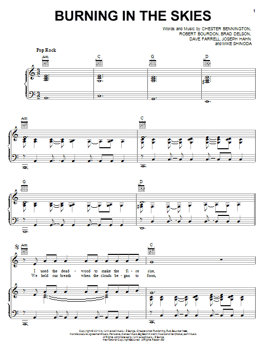 Learn to play Linkin Park Burning In The Skies sheet music for Piano, Vocal & Guitar Chords (Right-Hand Melody) in minutes. Price: 7.8900$ Linkin Park Burning In The Skies sheet music notes and chords arranged for Piano, Vocal & Guitar Chords (Right-Hand Melody)