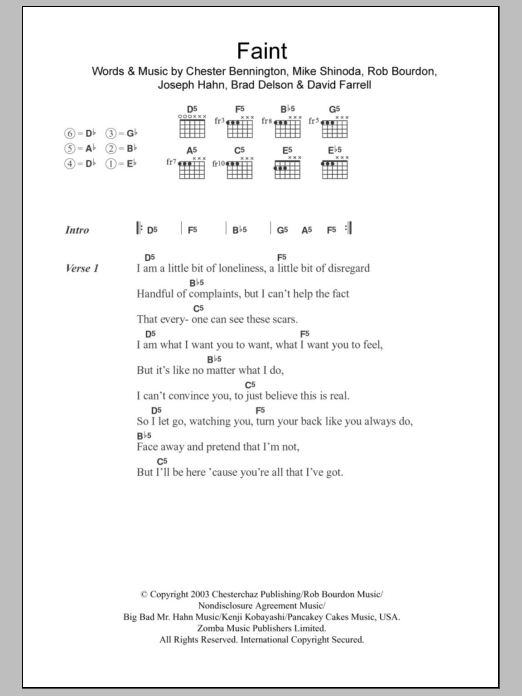 Learn to play Linkin Park Faint sheet music for Guitar Chords/Lyrics in minutes. Price: 4.4900$ Linkin Park Faint sheet music notes and chords arranged for Guitar Chords/Lyrics
