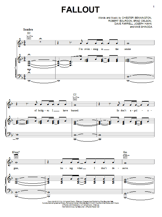Learn to play Linkin Park Fallout sheet music for Piano, Vocal & Guitar Chords (Right-Hand Melody) in minutes. Price: 7.8900$ Linkin Park Fallout sheet music notes and chords arranged for Piano, Vocal & Guitar Chords (Right-Hand Melody)
