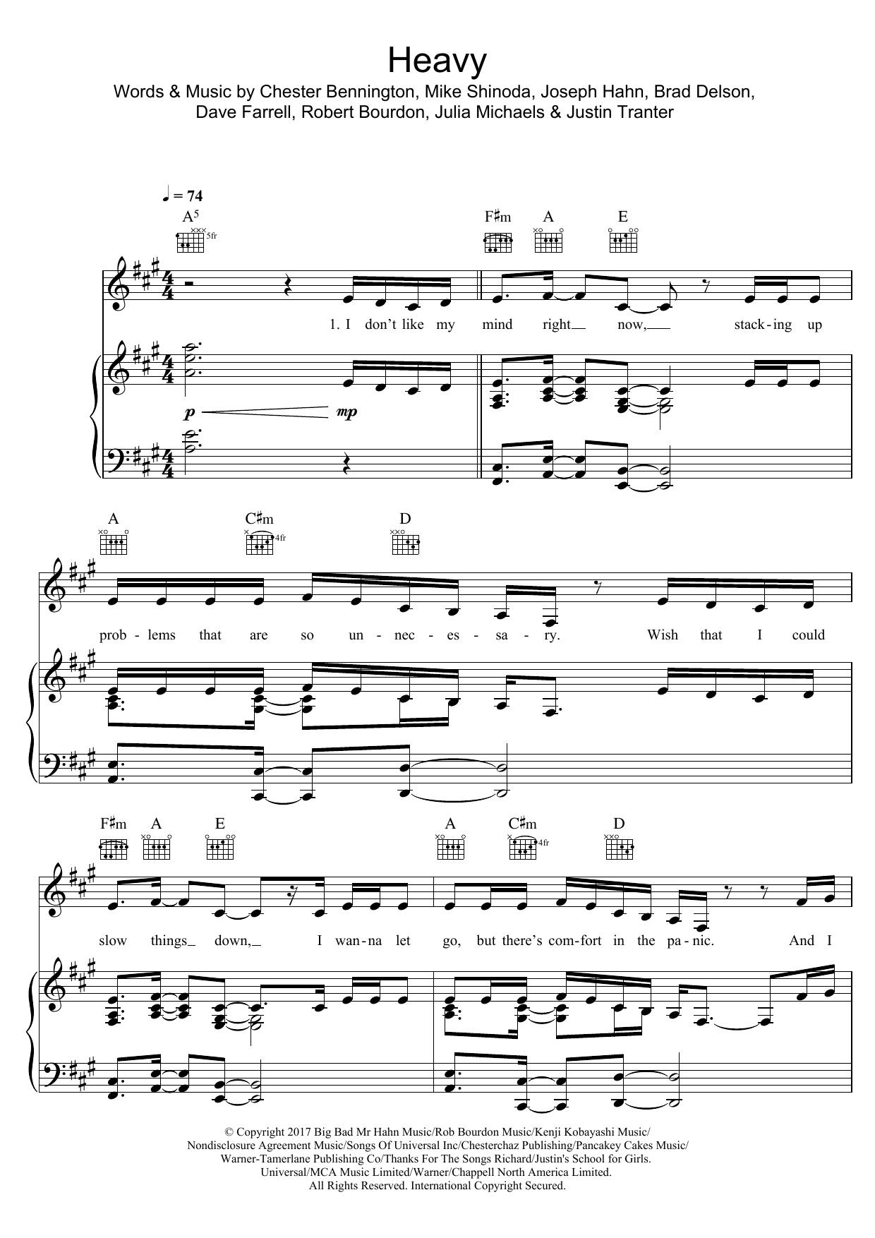 Learn to play Linkin Park Heavy sheet music for Piano, Vocal & Guitar Chords in minutes. Price: 7.8900$ Linkin Park Heavy sheet music notes and chords arranged for Piano, Vocal & Guitar Chords
