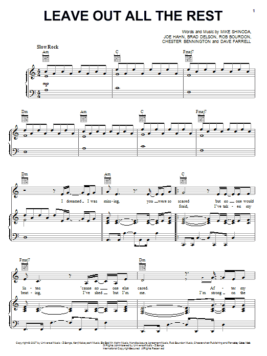 Linkin Park Leave Out All The Rest sheet music notes and chords. Download Printable PDF.