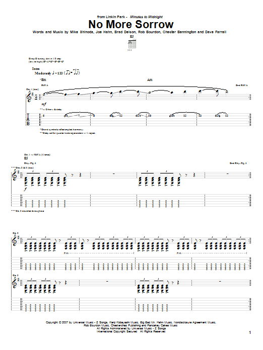 Learn to play Linkin Park No More Sorrow sheet music for Guitar Tab in minutes. Price: 7.8900$ Linkin Park No More Sorrow sheet music notes and chords arranged for Guitar Tab