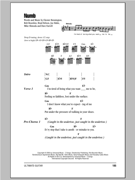 Linkin Park Numb sheet music notes and chords. Download Printable PDF.