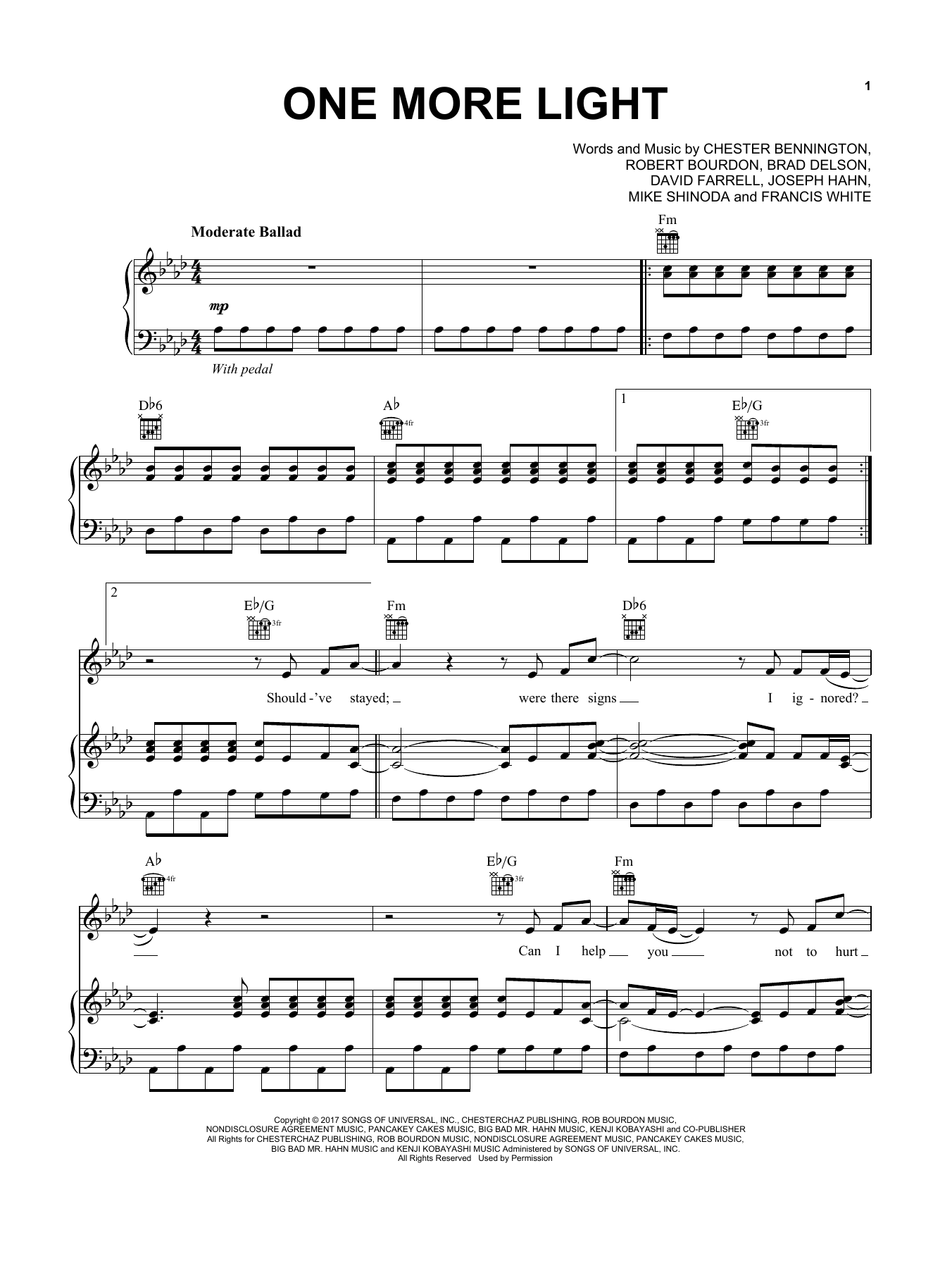 Learn to play Linkin Park One More Light sheet music for Piano, Vocal & Guitar Chords (Right-Hand Melody) in minutes. Price: 7.8900$ Linkin Park One More Light sheet music notes and chords arranged for Piano, Vocal & Guitar Chords (Right-Hand Melody)
