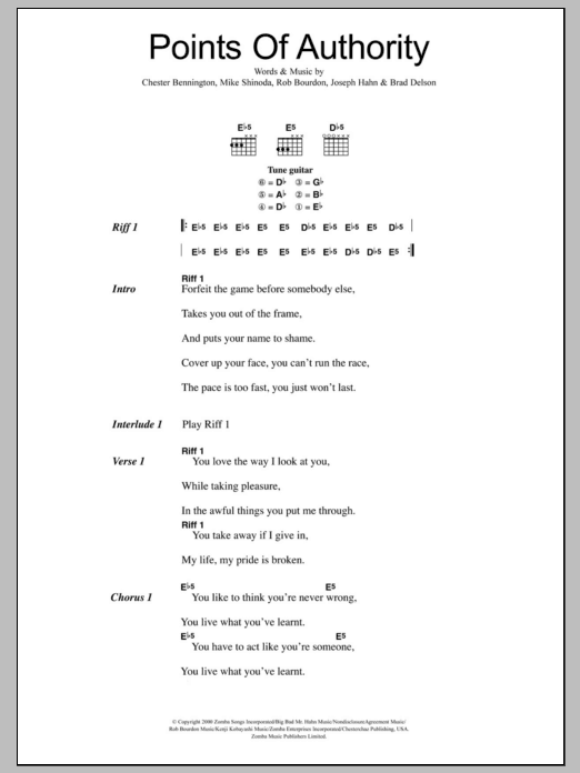 Linkin Park Points Of Authority sheet music notes and chords. Download Printable PDF.