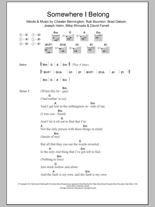 Learn to play Linkin Park Somewhere I Belong sheet music for Guitar Chords/Lyrics in minutes. Price: 4.4900$ Linkin Park Somewhere I Belong sheet music notes and chords arranged for Guitar Chords/Lyrics