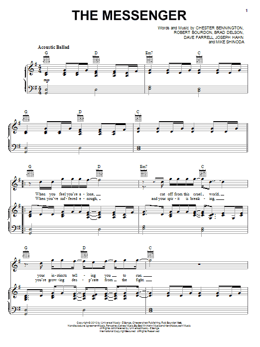 Linkin Park The Messenger sheet music notes and chords arranged for Piano, Vocal & Guitar Chords (Right-Hand Melody)