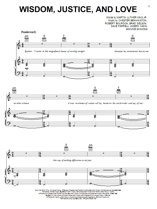 Learn to play Linkin Park Wisdom, Justice, And Love sheet music for Piano, Vocal & Guitar Chords (Right-Hand Melody) in minutes. Price: 7.8900$ Linkin Park Wisdom, Justice, And Love sheet music notes and chords arranged for Piano, Vocal & Guitar Chords (Right-Hand Melody)