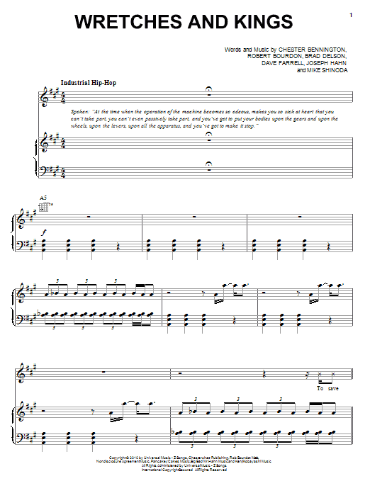 Learn to play Linkin Park Wretches And Kings sheet music for Piano, Vocal & Guitar Chords (Right-Hand Melody) in minutes. Price: 7.8900$ Linkin Park Wretches And Kings sheet music notes and chords arranged for Piano, Vocal & Guitar Chords (Right-Hand Melody)