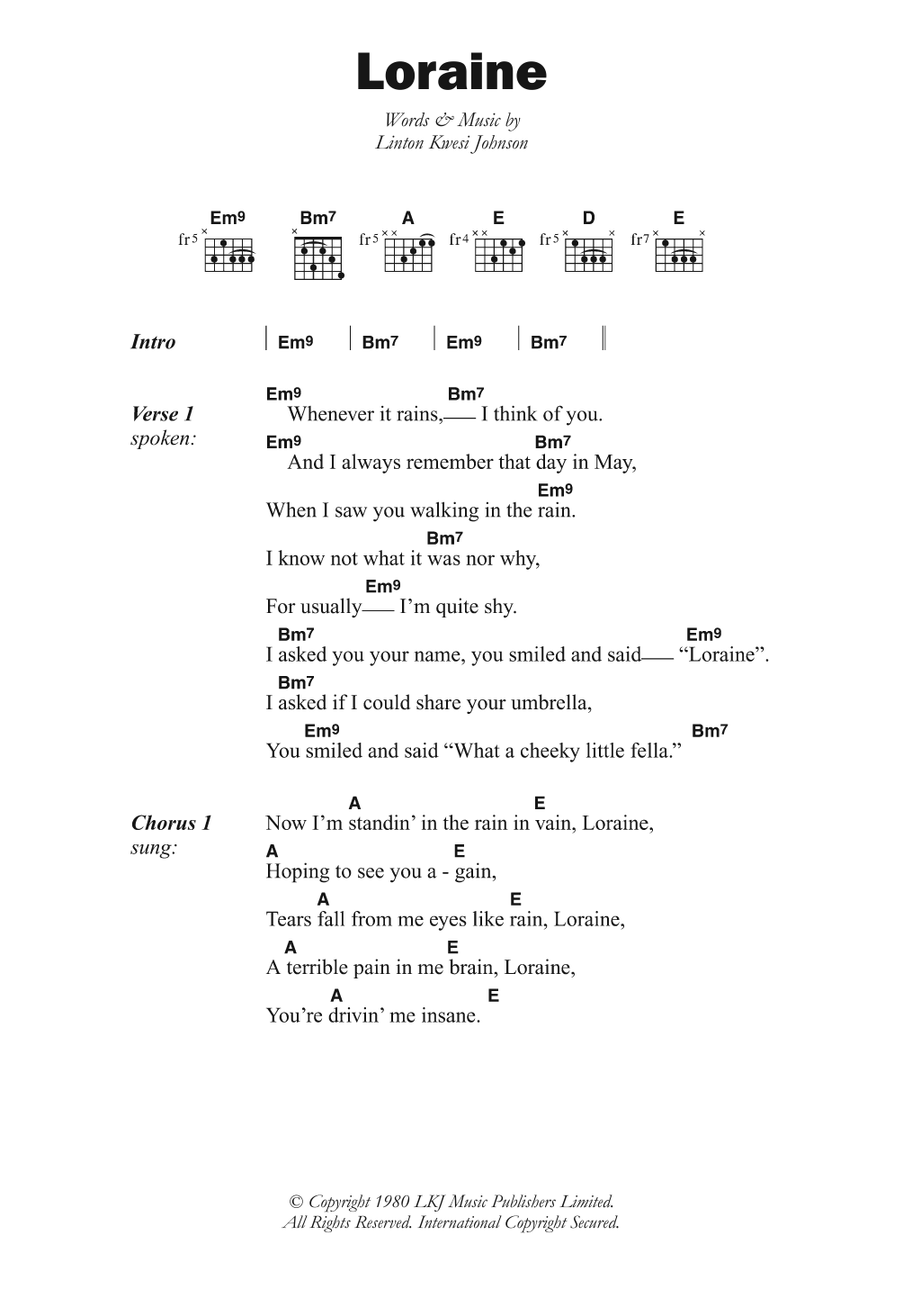 Linton Kwesi Johnson Loraine sheet music notes and chords. Download Printable PDF.