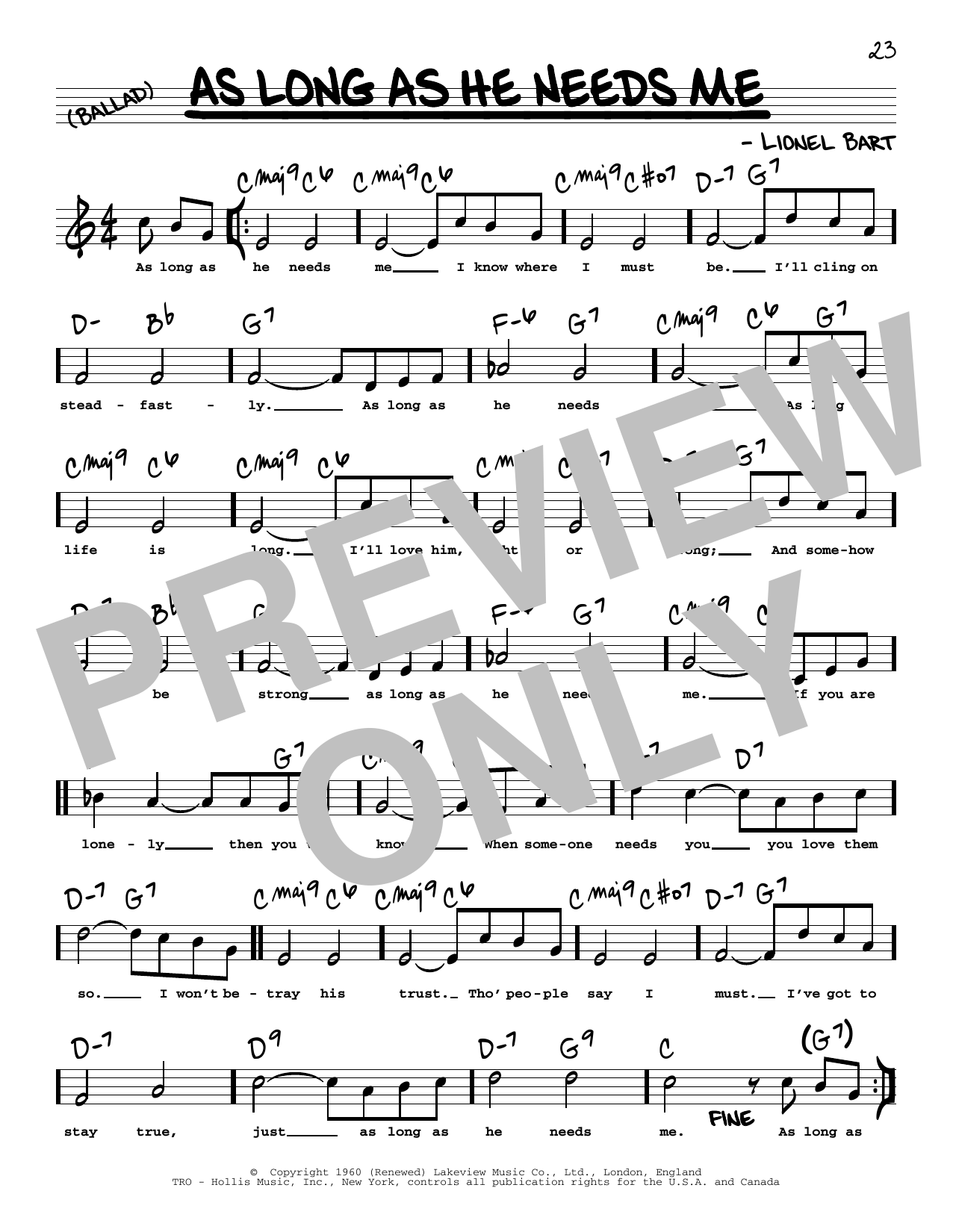 Learn to play Lionel Bart As Long As He Needs Me (High Voice) (from Oliver) sheet music for Real Book – Melody, Lyrics & Chords in minutes. Price: 5.9900$ Lionel Bart As Long As He Needs Me (High Voice) (from Oliver) sheet music notes and chords arranged for Real Book – Melody, Lyrics & Chords