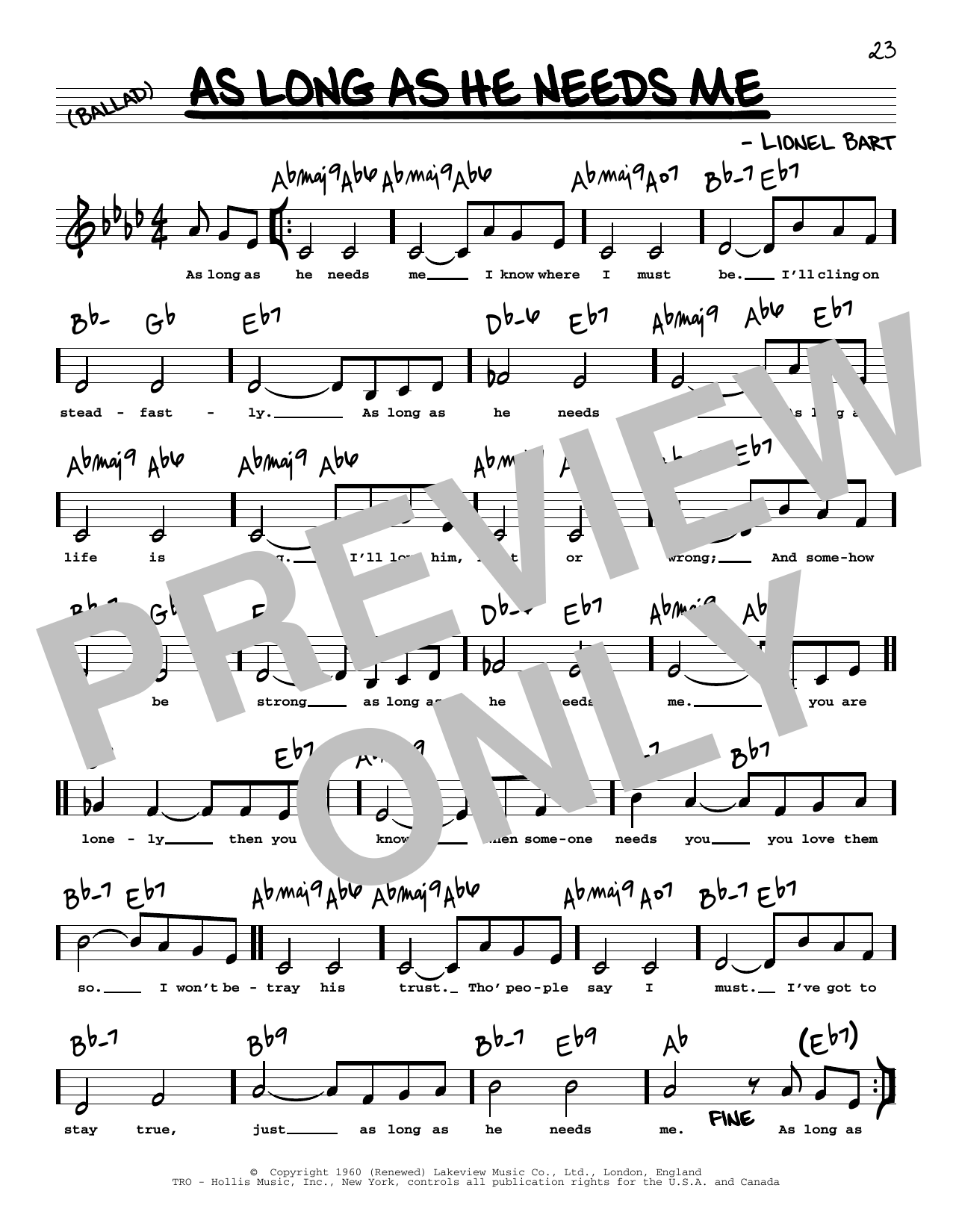 Learn to play Lionel Bart As Long As He Needs Me (Low Voice) sheet music for Real Book – Melody, Lyrics & Chords in minutes. Price: 5.9900$ Lionel Bart As Long As He Needs Me (Low Voice) sheet music notes and chords arranged for Real Book – Melody, Lyrics & Chords