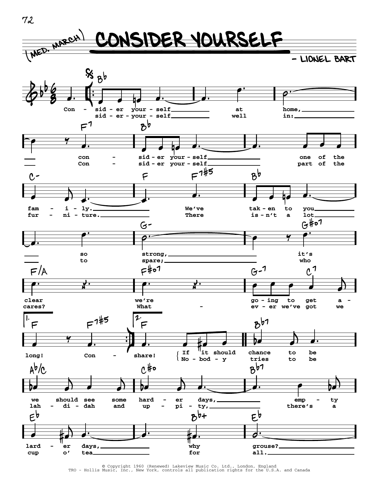 Learn to play Lionel Bart Consider Yourself (from Oliver) (High Voice) sheet music for Real Book – Melody, Lyrics & Chords in minutes. Price: 5.9900$ Lionel Bart Consider Yourself (from Oliver) (High Voice) sheet music notes and chords arranged for Real Book – Melody, Lyrics & Chords