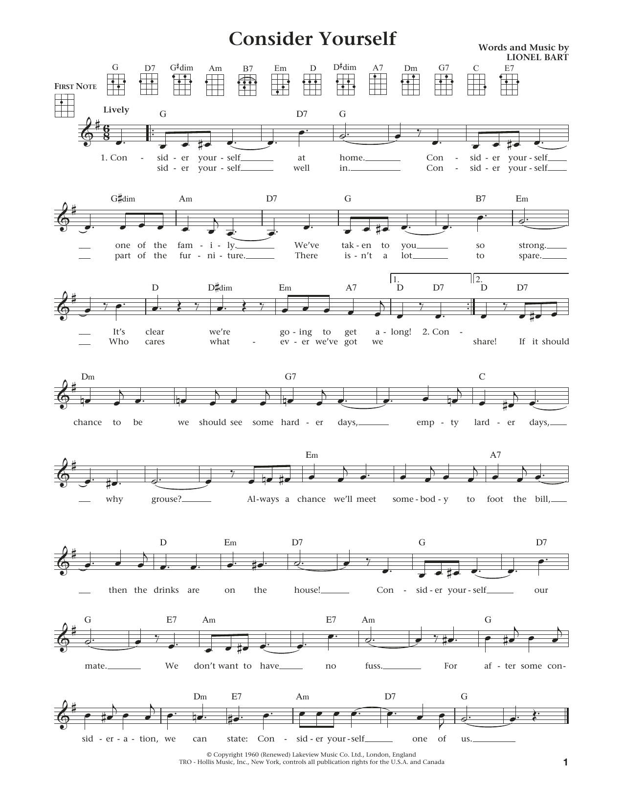 Learn to play Lionel Bart Consider Yourself (from The Daily Ukulele) (arr. Liz and Jim Beloff) sheet music for Ukulele in minutes. Price: 5.9900$ Lionel Bart Consider Yourself (from The Daily Ukulele) (arr. Liz and Jim Beloff) sheet music notes and chords arranged for Ukulele