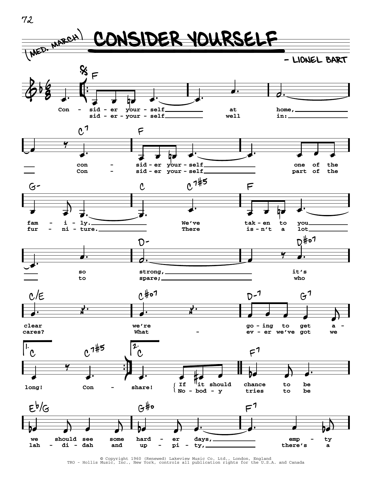 Learn to play Lionel Bart Consider Yourself (Low Voice) (from Oliver!) sheet music for Real Book – Melody, Lyrics & Chords in minutes. Price: 5.9900$ Lionel Bart Consider Yourself (Low Voice) (from Oliver!) sheet music notes and chords arranged for Real Book – Melody, Lyrics & Chords