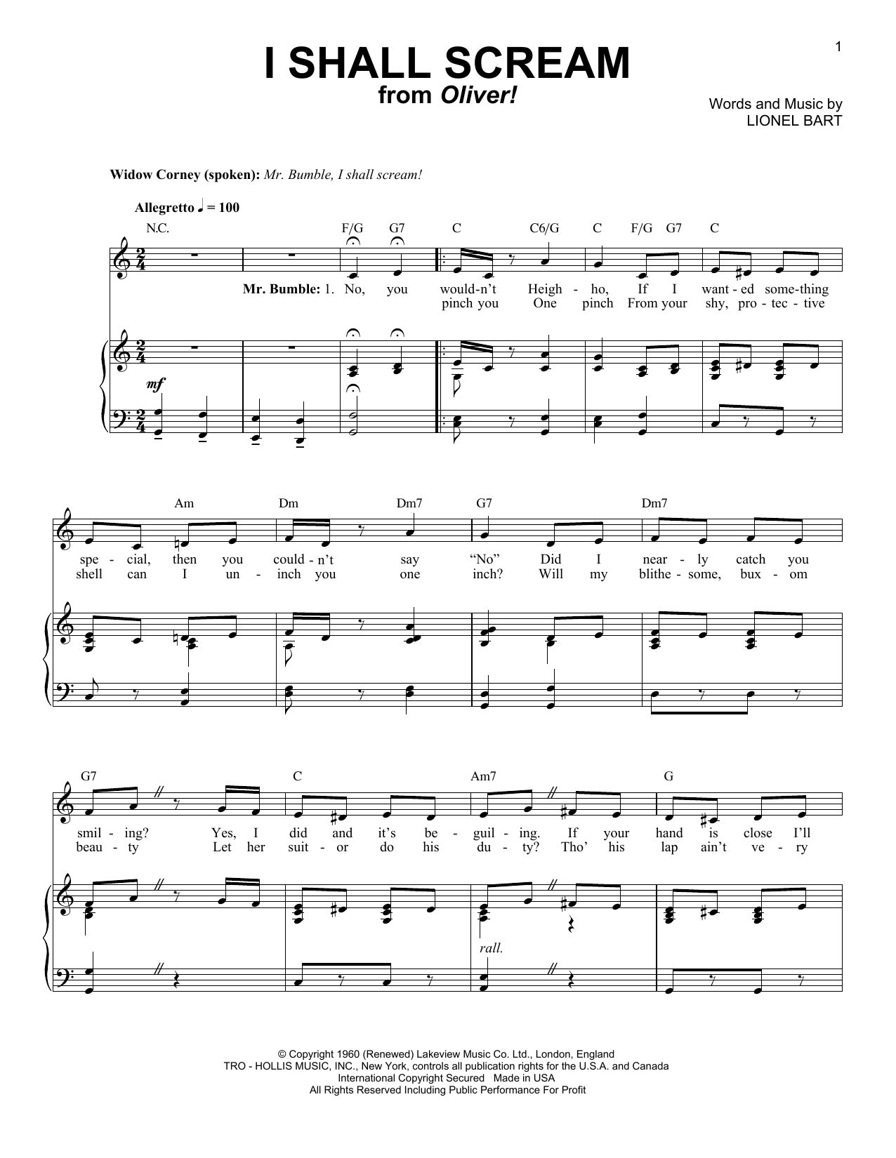 Lionel Bart I Shall Scream sheet music notes and chords arranged for Piano & Vocal