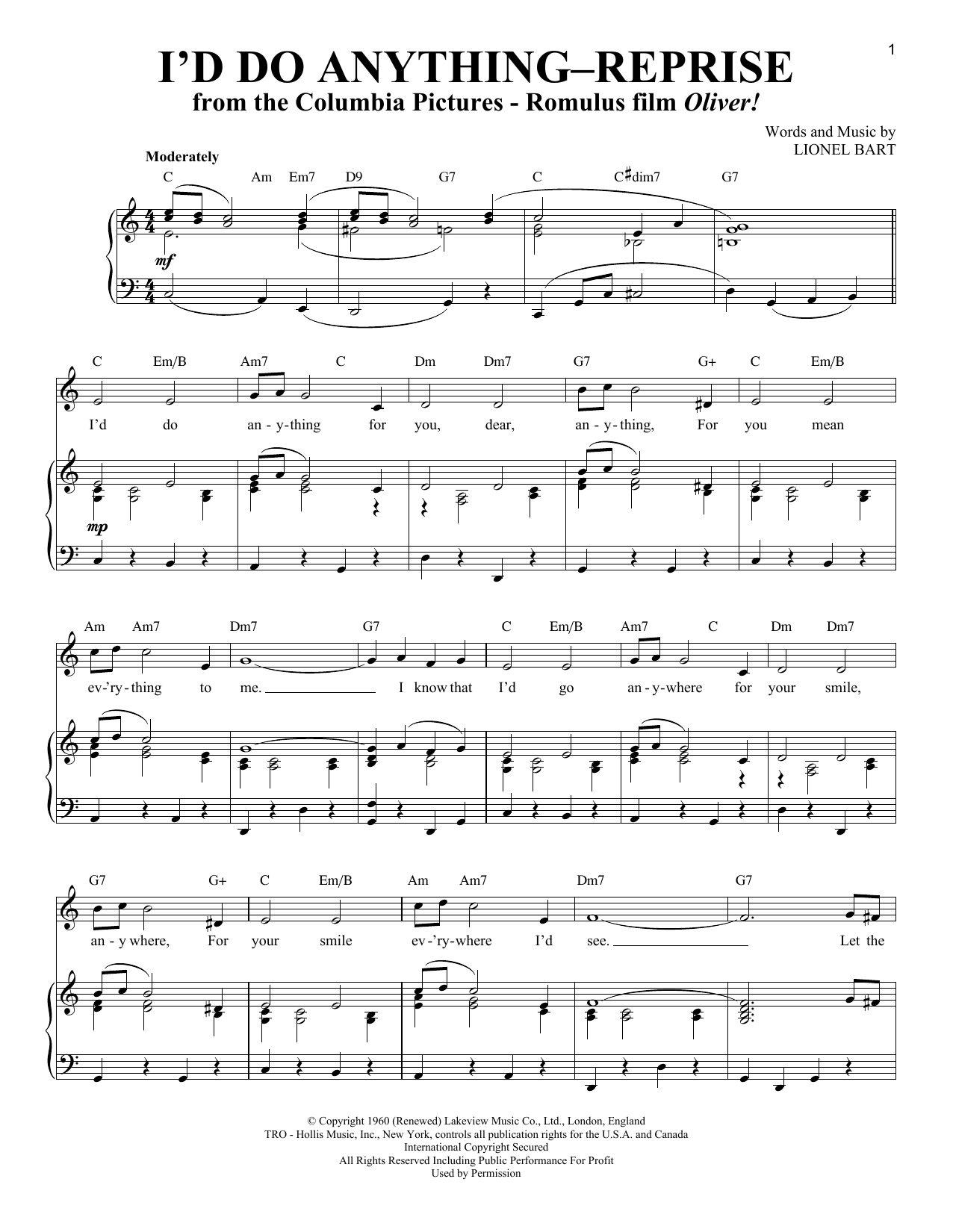 Learn to play Lionel Bart I'd Do Anything - Reprise sheet music for Piano & Vocal in minutes. Price: 7.8900$ Lionel Bart I'd Do Anything - Reprise sheet music notes and chords arranged for Piano & Vocal