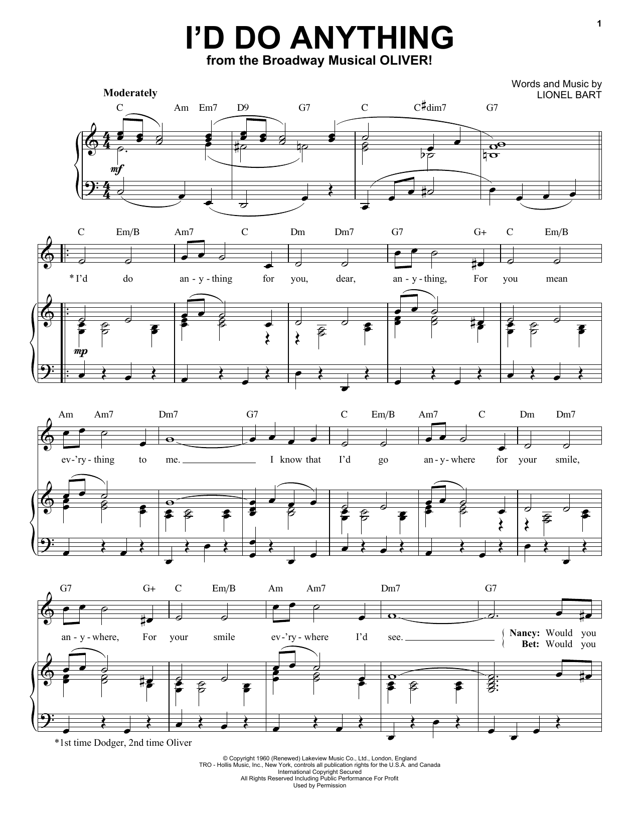 Learn to play Lionel Bart I'd Do Anything (from Oliver!) sheet music for Piano, Vocal & Guitar Chords in minutes. Price: 7.8900$ Lionel Bart I'd Do Anything (from Oliver!) sheet music notes and chords arranged for Piano, Vocal & Guitar Chords