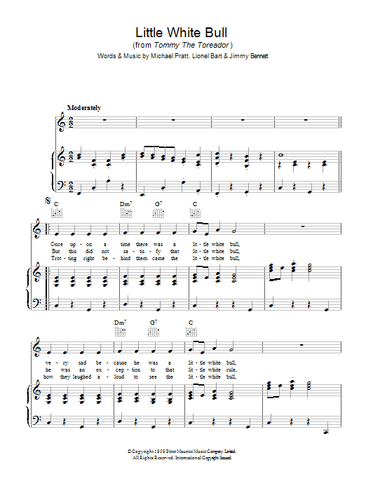 Learn to play Jimmy Bennett Little White Bull (from Tommy The Toreador) sheet music for Piano, Vocal & Guitar Chords in minutes. Price: 7.8900$ Jimmy Bennett Little White Bull (from Tommy The Toreador) sheet music notes and chords arranged for Piano, Vocal & Guitar Chords