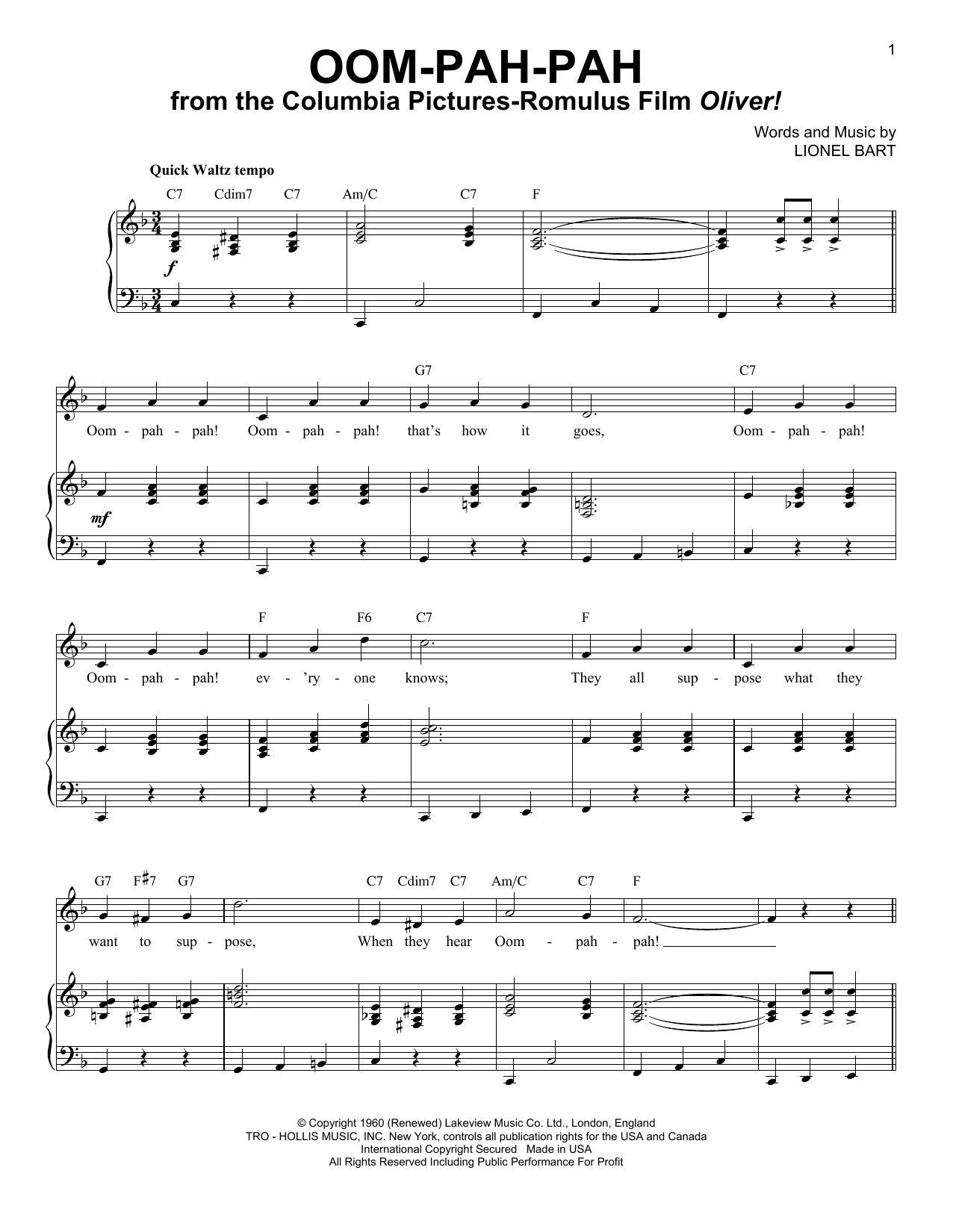 Lionel Bart Oom-Pah-Pah sheet music notes and chords. Download Printable PDF.