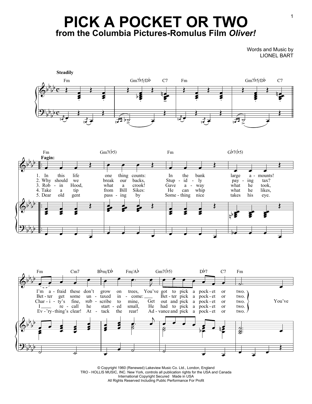 Learn to play Lionel Bart Pick A Pocket Or Two sheet music for Piano & Vocal in minutes. Price: 7.8900$ Lionel Bart Pick A Pocket Or Two sheet music notes and chords arranged for Piano & Vocal