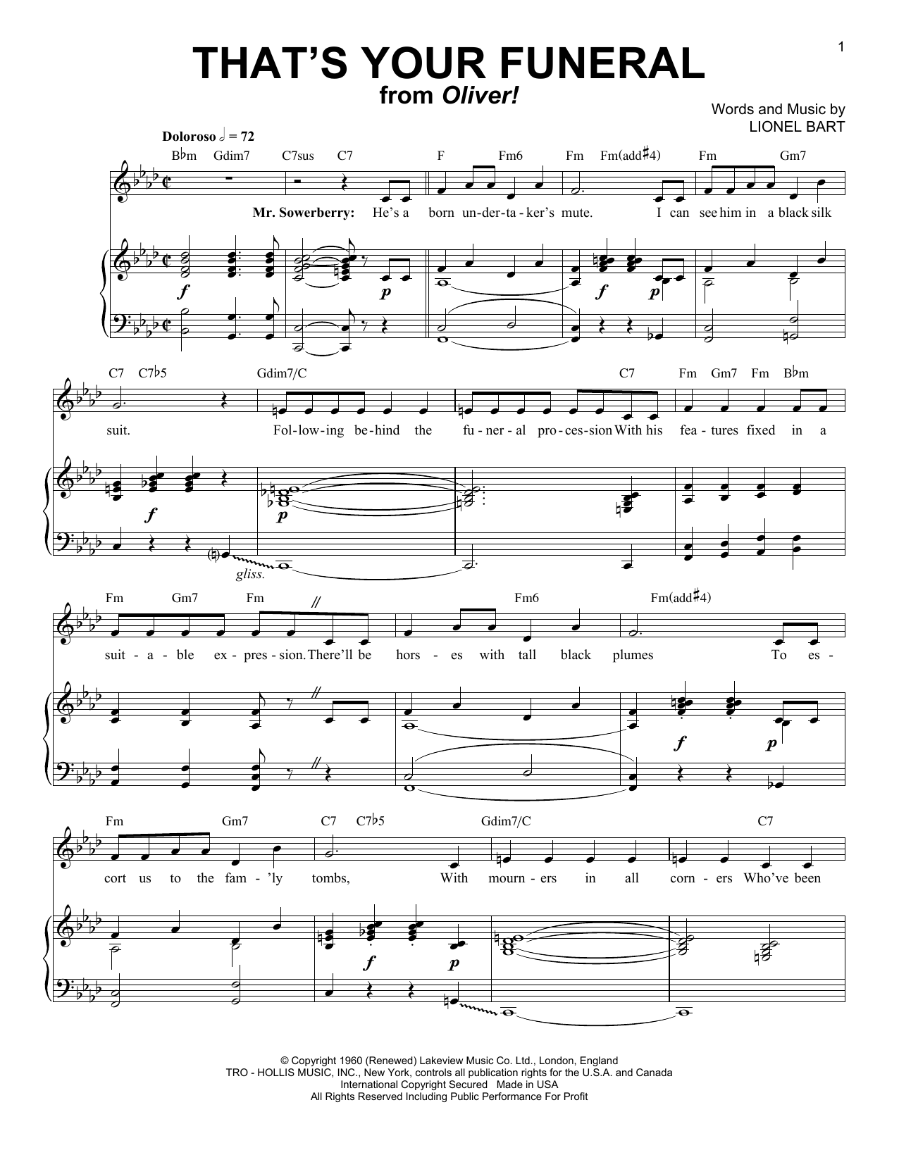 Learn to play Lionel Bart That's Your Funeral sheet music for Piano & Vocal in minutes. Price: 7.8900$ Lionel Bart That's Your Funeral sheet music notes and chords arranged for Piano & Vocal