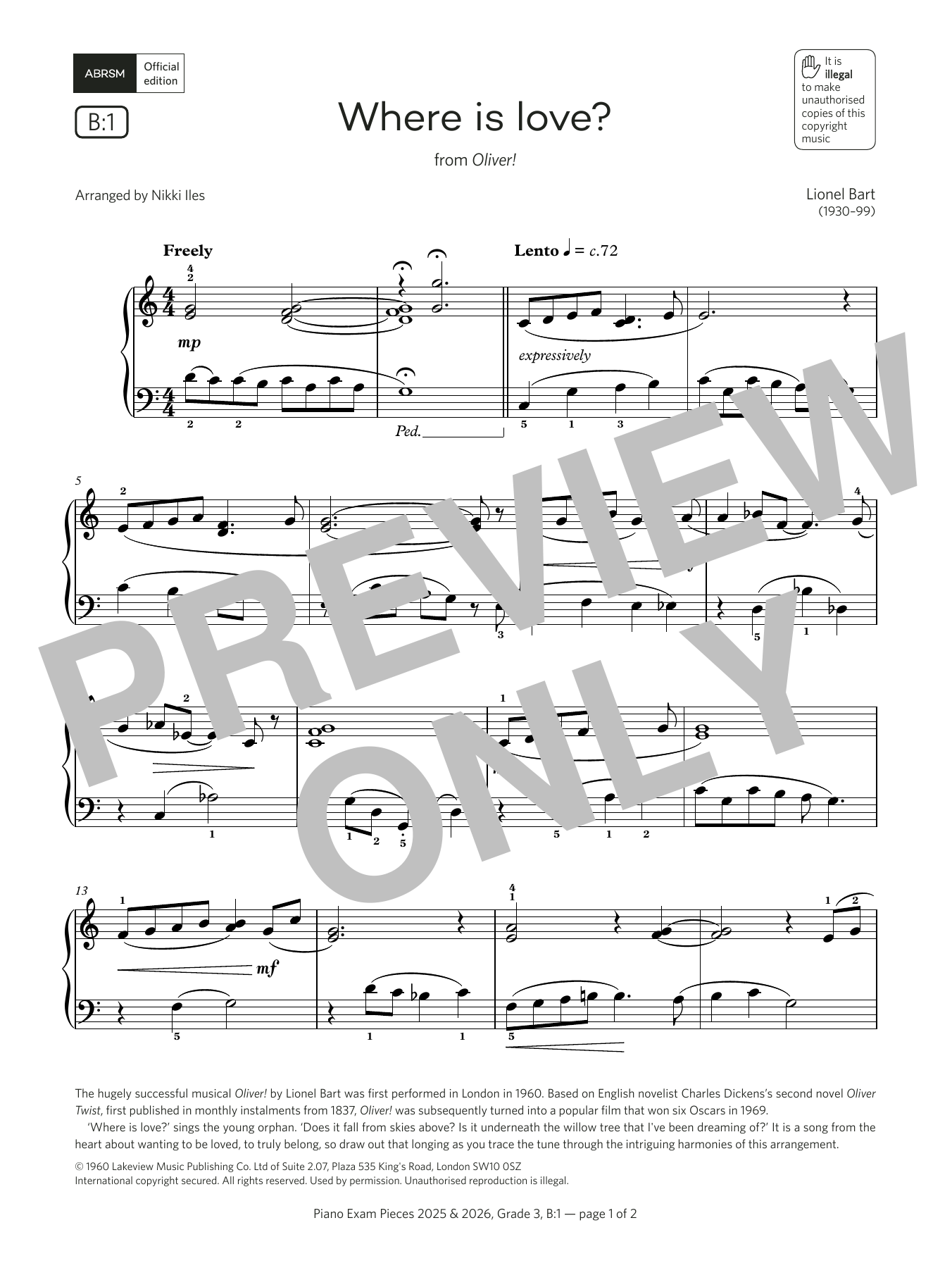 Lionel Bart Where is love? (Grade 3, list B1, from the ABRSM Piano Syllabus 2025 & 2026) sheet music notes and chords. Download Printable PDF.