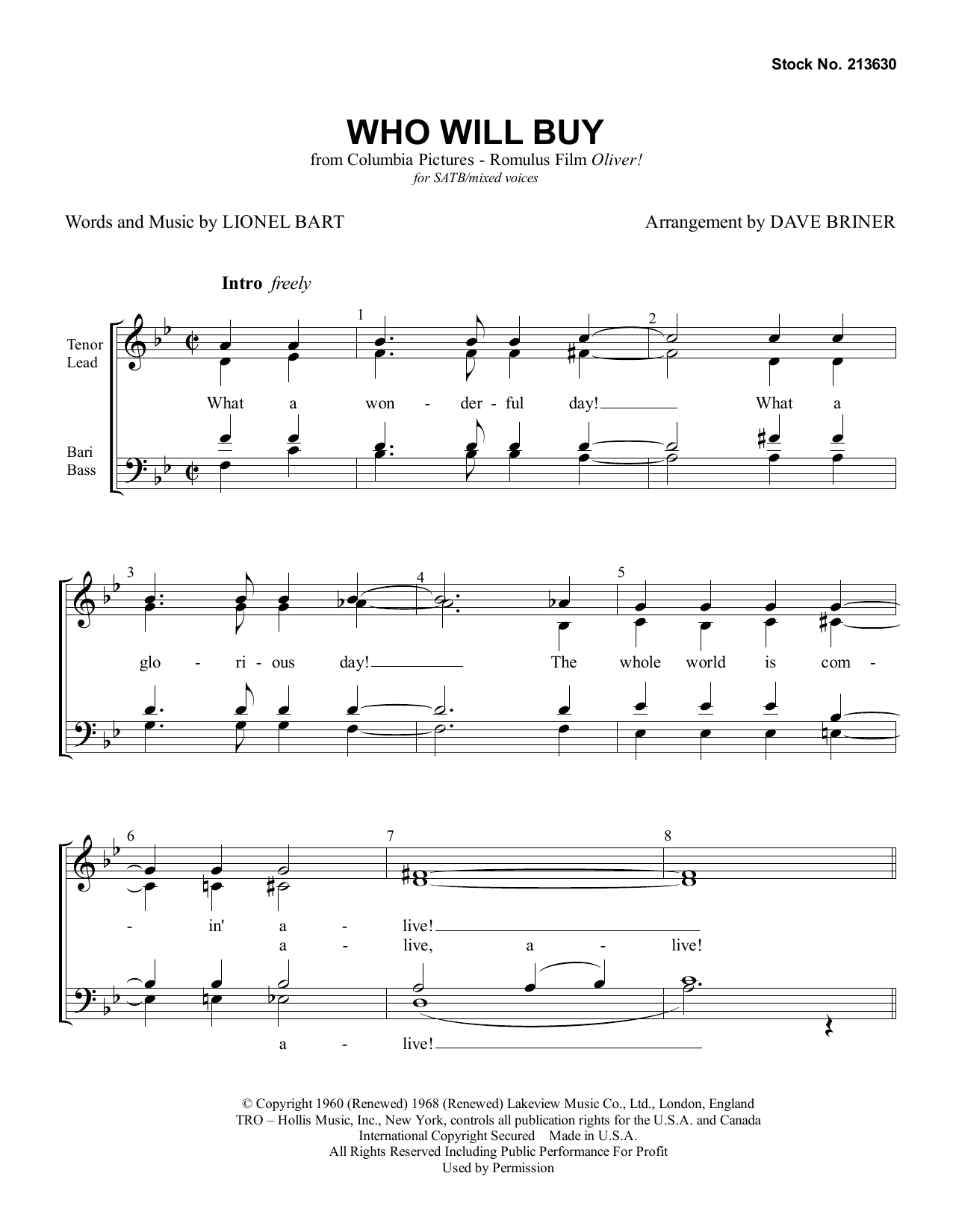 Lionel Bart Who Will Buy (from Oliver!) (arr. Dave Briner) sheet music notes and chords arranged for SATB Choir
