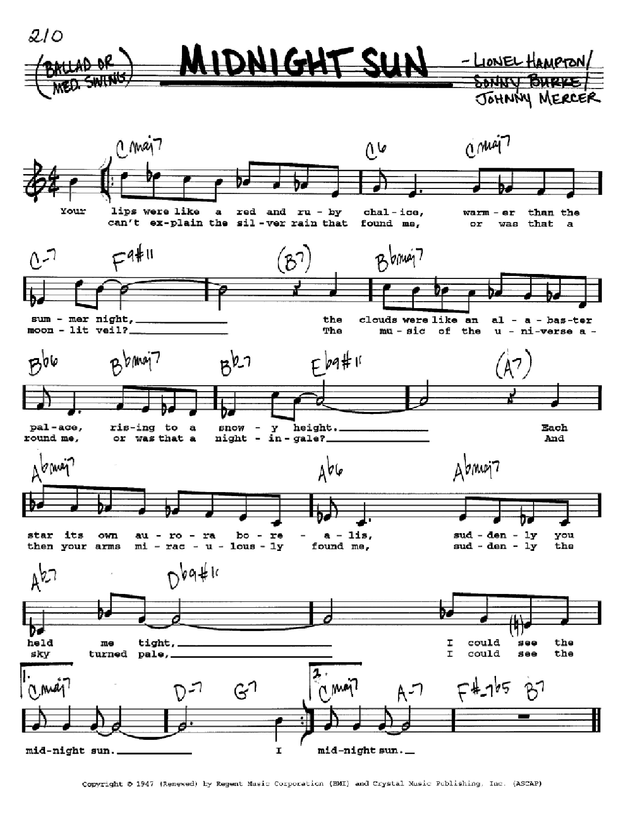 Lionel Hampton Midnight Sun sheet music notes and chords. Download Printable PDF.