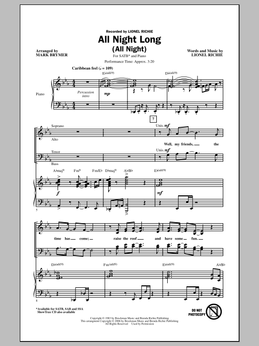 Lionel Richie All Night Long (All Night) (arr. Mark Brymer) sheet music notes and chords. Download Printable PDF.