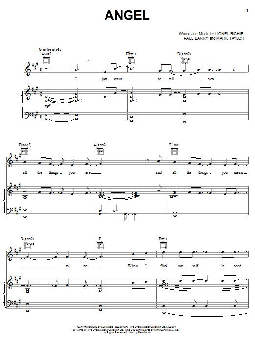 Learn to play Lionel Richie Angel sheet music for Piano, Vocal & Guitar Chords (Right-Hand Melody) in minutes. Price: 7.8900$ Lionel Richie Angel sheet music notes and chords arranged for Piano, Vocal & Guitar Chords (Right-Hand Melody)