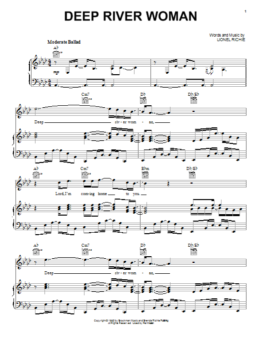 Learn to play Lionel Richie Deep River Woman sheet music for Piano, Vocal & Guitar Chords (Right-Hand Melody) in minutes. Price: 7.8900$ Lionel Richie Deep River Woman sheet music notes and chords arranged for Piano, Vocal & Guitar Chords (Right-Hand Melody)