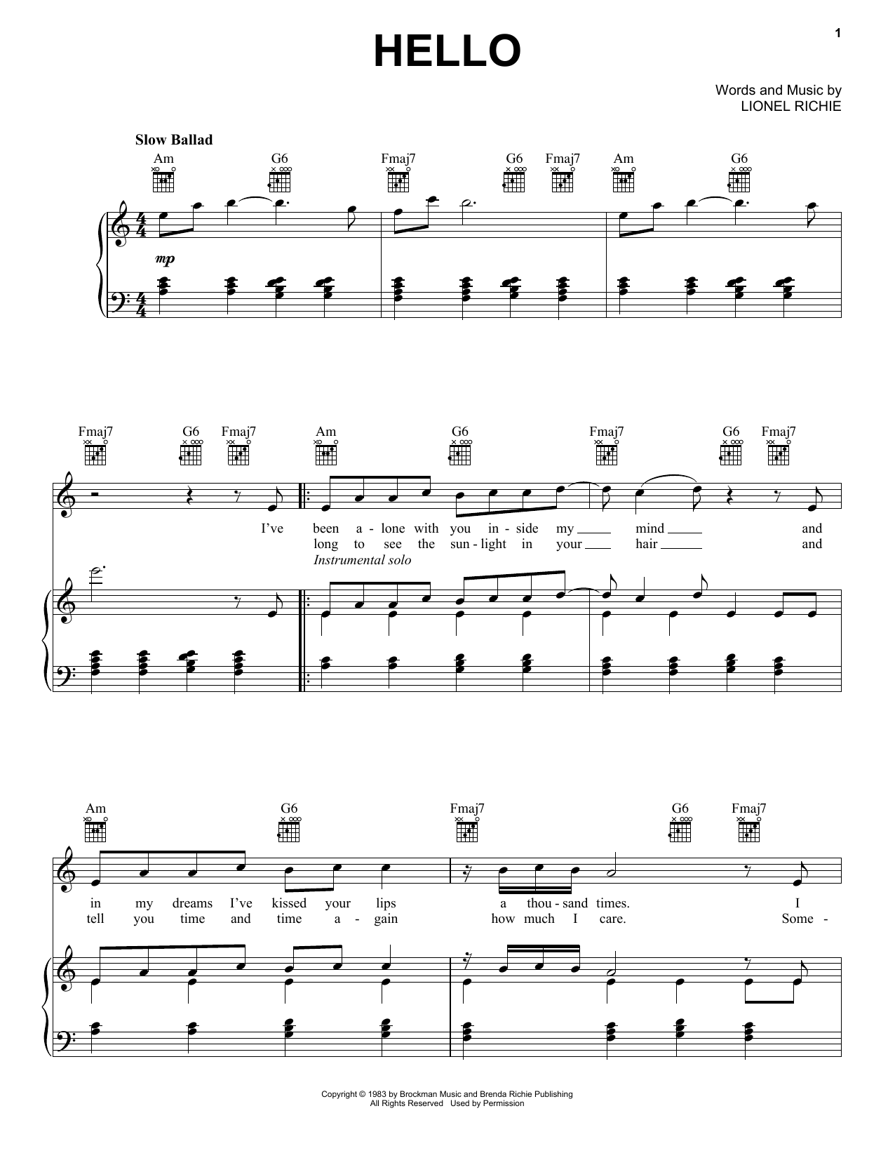 Lionel Richie Hello sheet music notes and chords. Download Printable PDF.