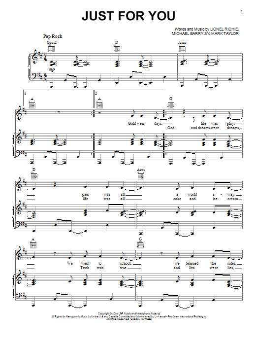 Learn to play Lionel Richie Just For You sheet music for Piano, Vocal & Guitar Chords (Right-Hand Melody) in minutes. Price: 7.8900$ Lionel Richie Just For You sheet music notes and chords arranged for Piano, Vocal & Guitar Chords (Right-Hand Melody)