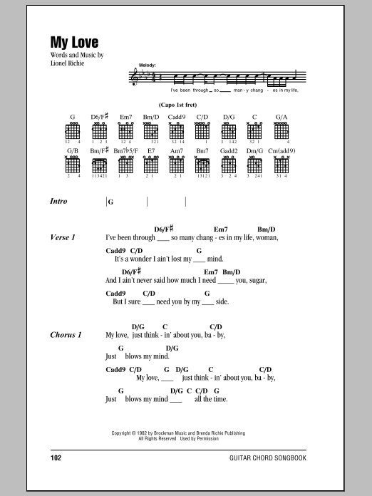 Learn to play Lionel Richie My Love sheet music for Guitar Chords/Lyrics in minutes. Price: 4.4900$ Lionel Richie My Love sheet music notes and chords arranged for Guitar Chords/Lyrics