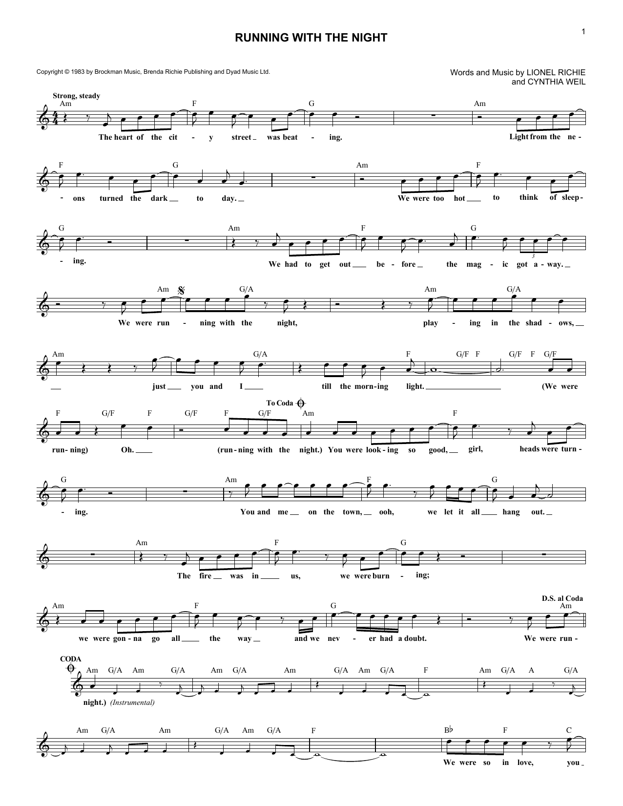 Lionel Richie Running With The Night sheet music notes and chords. Download Printable PDF.