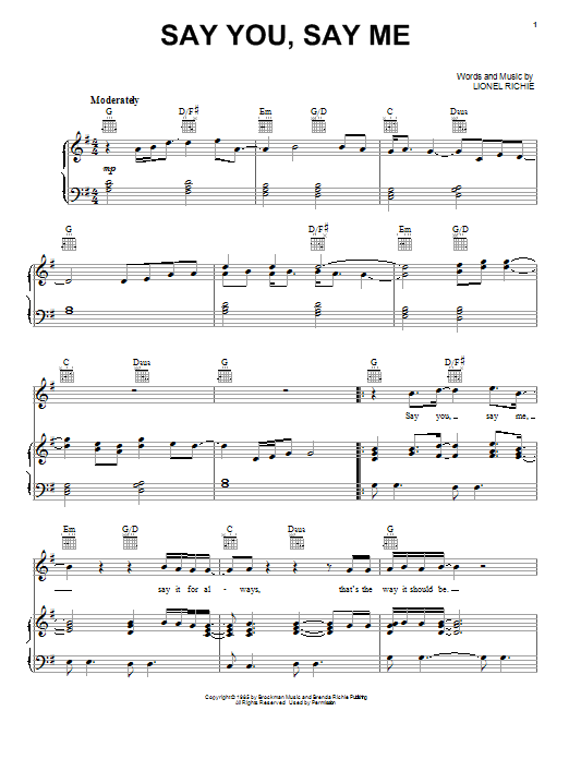 Lionel Richie Say You, Say Me sheet music notes and chords. Download Printable PDF.